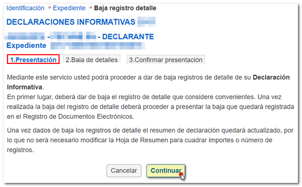 Continuar baja registro de detalle