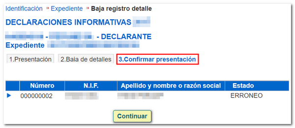 Para confirmar la baja pulse Continuar