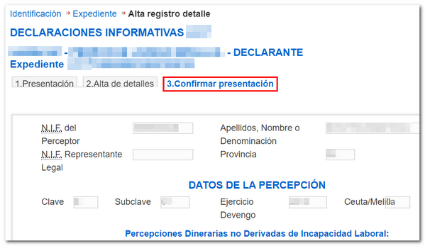 Confirmación presentación alta registro de detalle