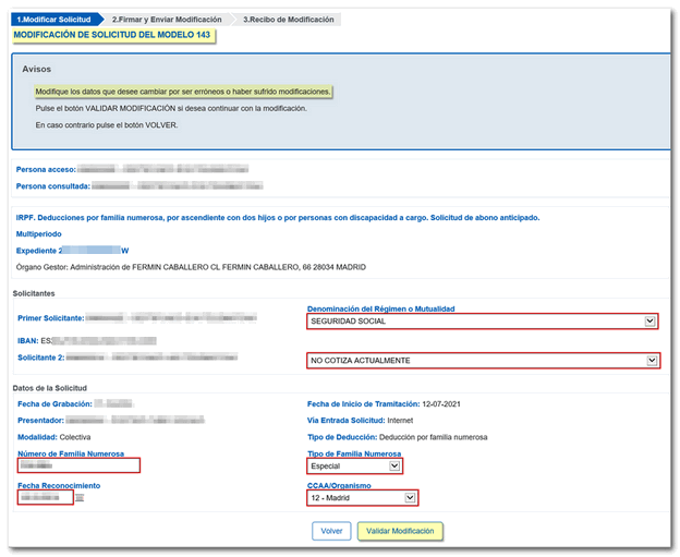 modificar datos de la solicitud