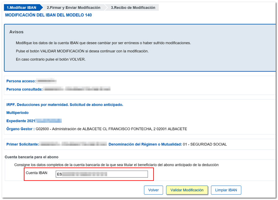 validar modificación IBAN