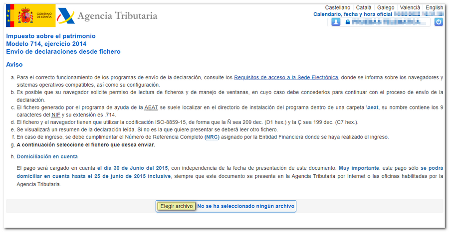requisitos de presentación y selección del fichero