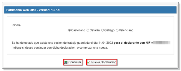 Nueva declaración / Continuar sesión