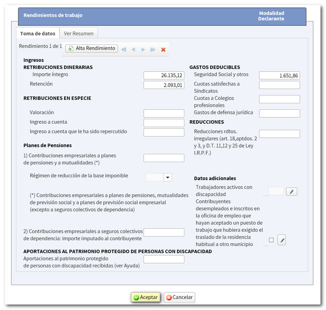 guardar cambios en rendimientos del trabajo