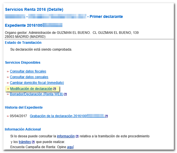 modificar declaración en Servicios disponibles de 2016
