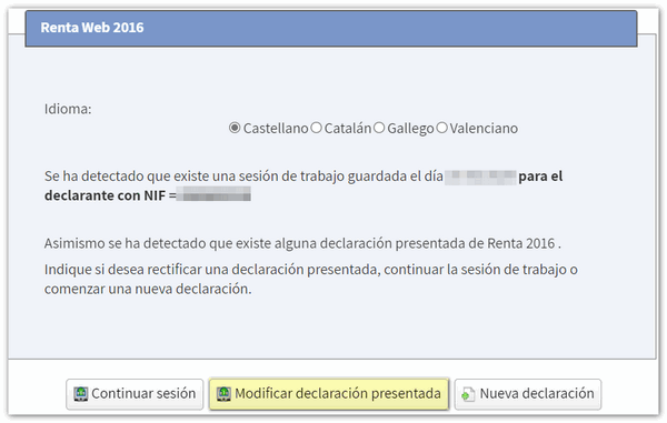 Sesión y declaración existente