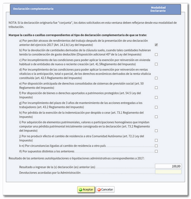 Detalle declaración complementaria