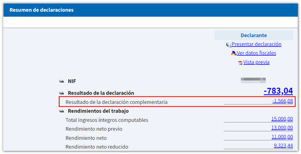 Resultado declaración complementaria