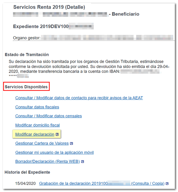 Opción modificar declaración en el expediente