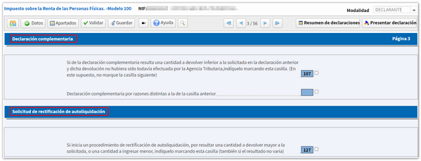 página declaración para complementaria o rectificación