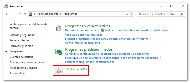 Panel de control de Java