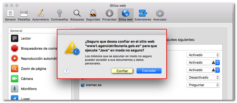 confiar en modo desactivado java seguro