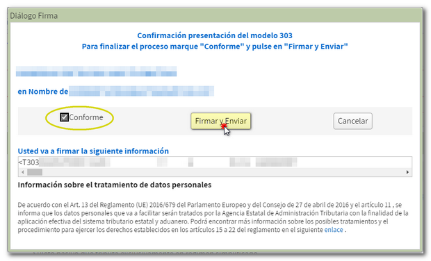 Pulse conforme, firmar y enviar