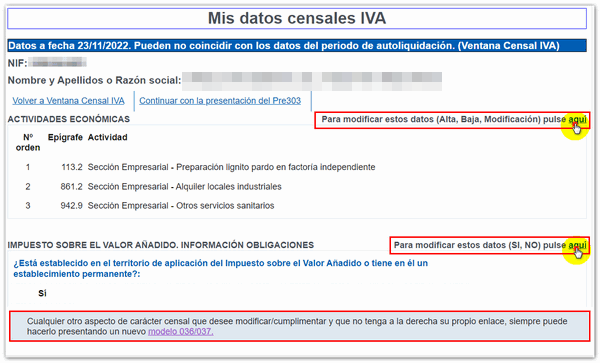 Consulta y modificación datos censales IVA