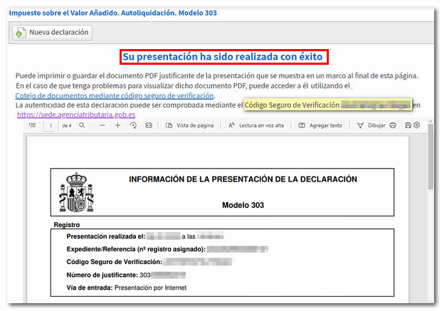 Información de la presentación. Justificante