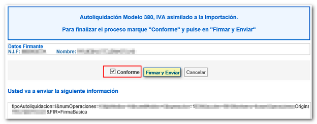 Marque "Conforme" y pulse "Firmar y enviar"