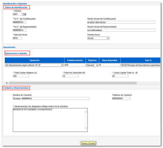 Apartados de la declaración seleccionada