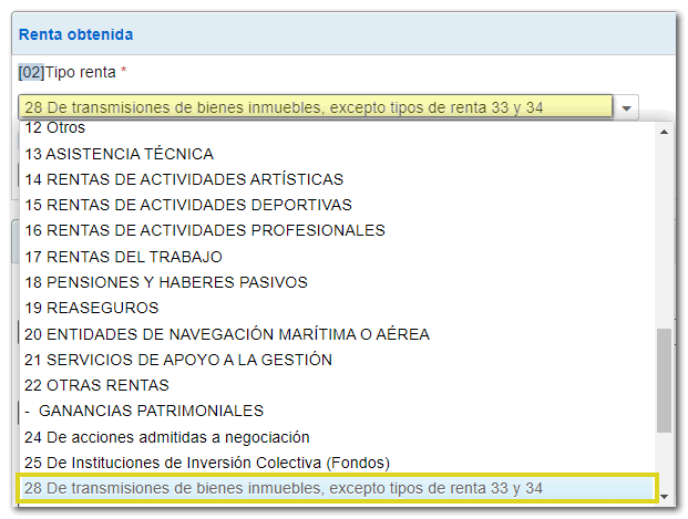 selección tipo de renta modelo 210