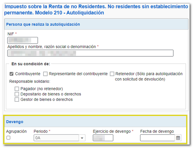 Datos en el formulario 210