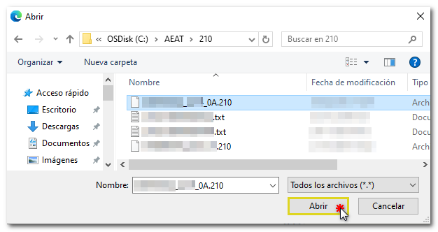 seleccionar fichero .210 para importar