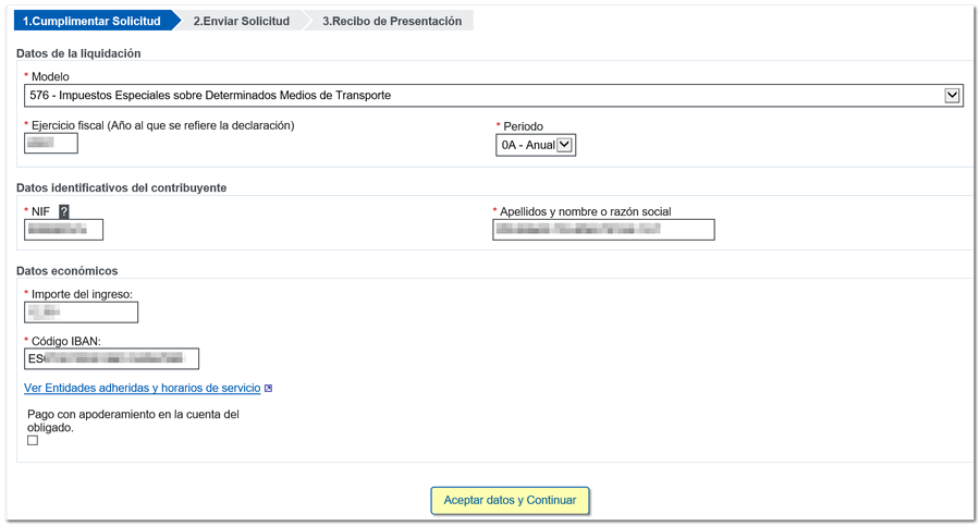 Cumplimenta y pulsa aceptar datos y continuar