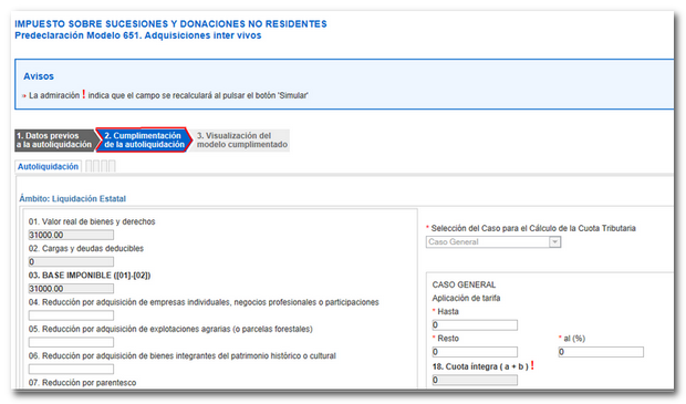 cumplimentación de la autoliquidación