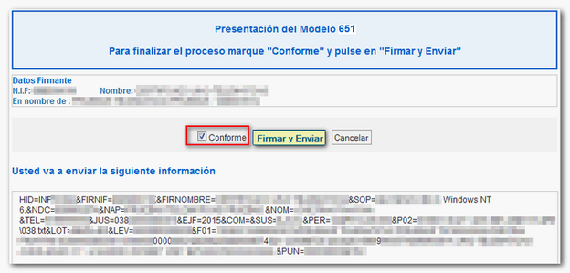 Pulsar conforme, Firmar y Enviar