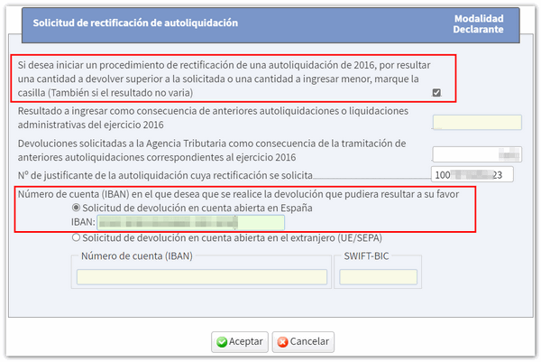 cumplimentación rectificación de autoliquidación