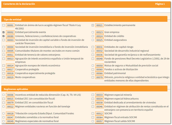 Página caracteres de la declaración