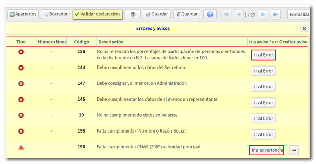 validar declaración e ir a error