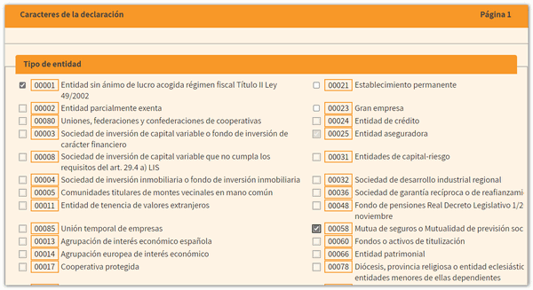 Caracteres de la declaración