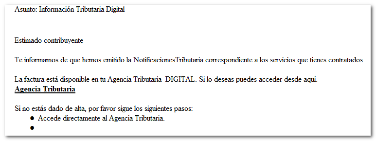 Ejemplo de correo fraude: Información Tributaria Digital