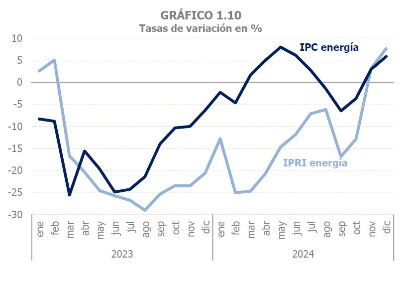 Gráfico 1.10. Precios con energía: IPC energía e IPRI energía, tasas de variación interanual mensuales