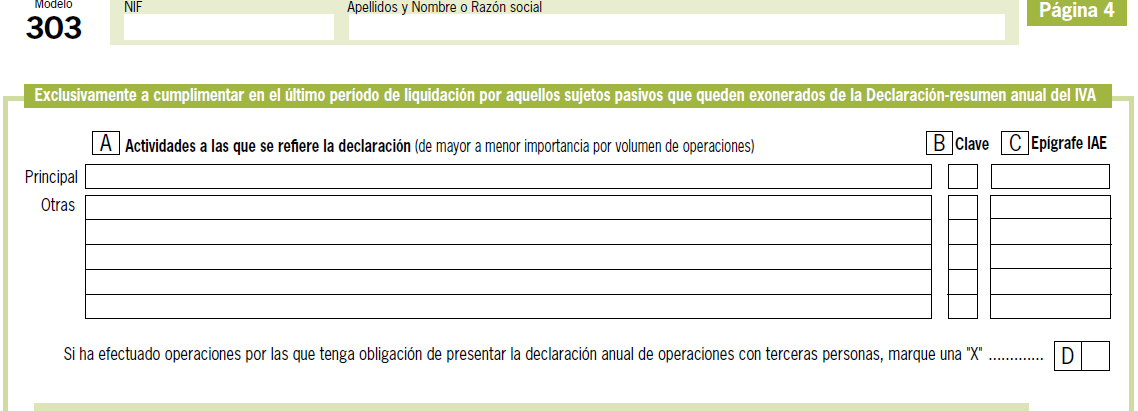 Imagen página 4 del modelo 303 apartado Exclusivamente a cumplimentar en el último período de liquidación por aquellos sujetos pasivos que queden exonerados de la Declaración-resumen anual del IVA