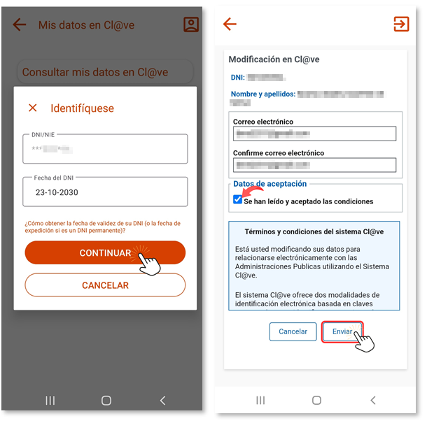 APP Formulario modificar correo Cl@ve