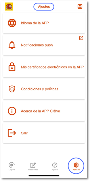 Menú Ajustes APP Cl@ve iOS