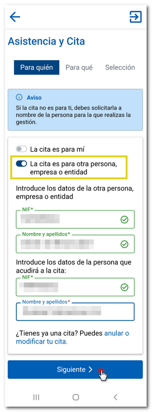 Cita para otra persona o empresa