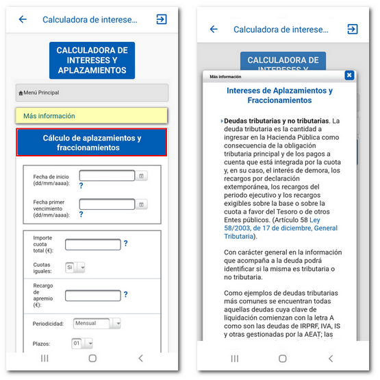Cálculo de aplazamientos y fraccionamientos