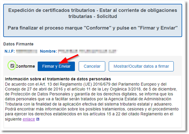 Conforme, firmar y enviar