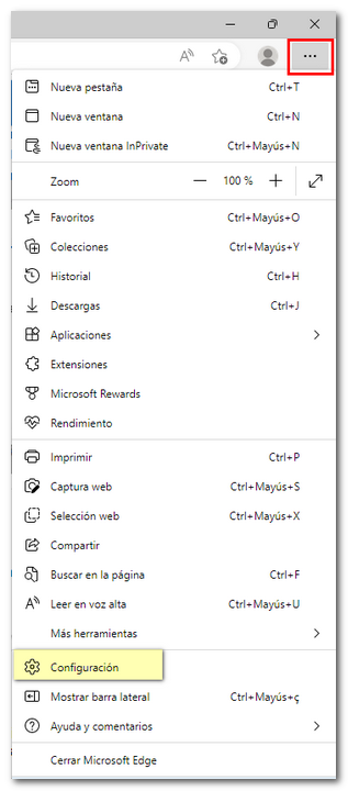 Menú principal. Configuración