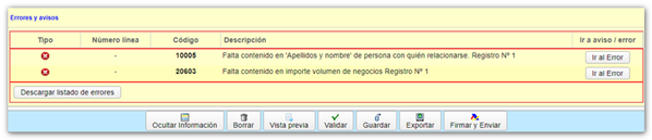 Avisos o errores