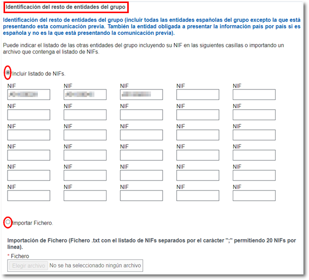 Introducción de NIFs