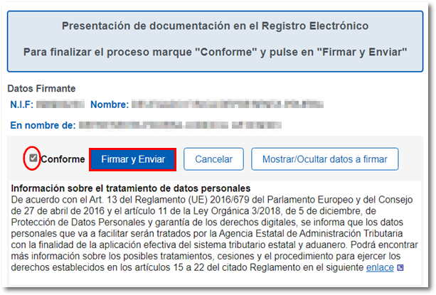 Conforme, Firmar y enviar