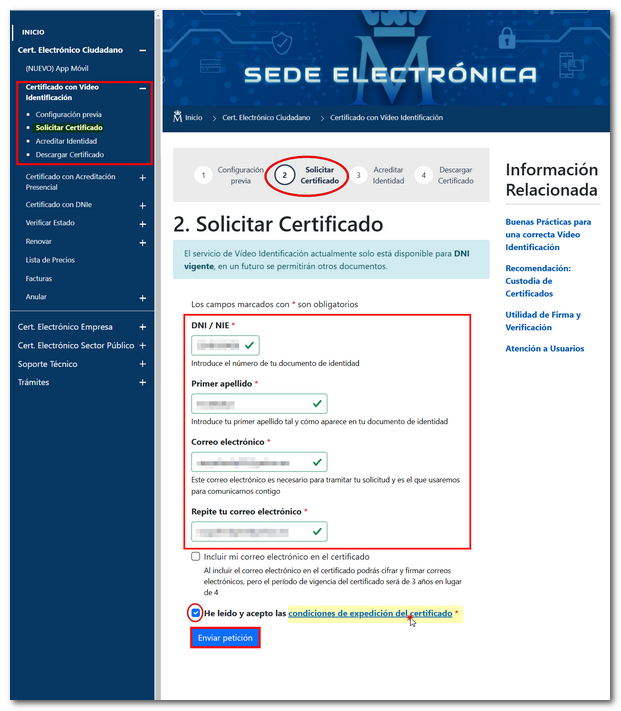 Paso 2: solicitud del certificado por internet