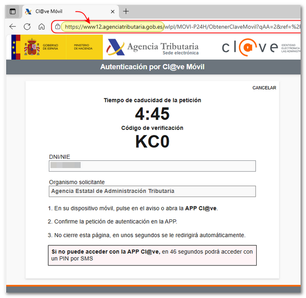 Dirección web de autenticación con DNI o NIE
