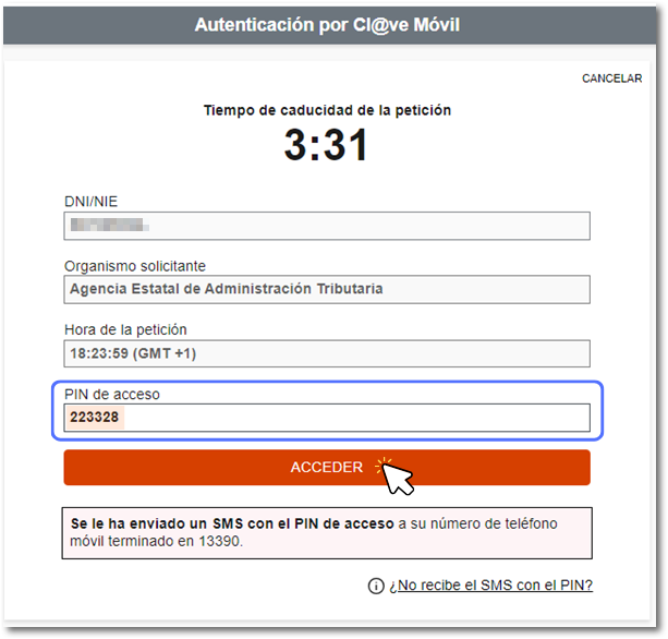Completar acceso con PIN recibido por SMS