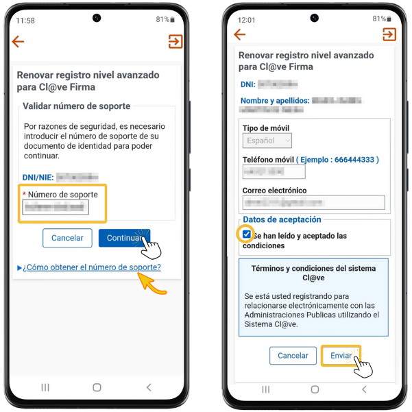 N&uacute;mero de soporte y enviar
