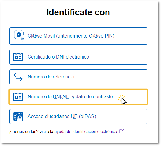 Identificación con DNI o NIE y dato de contraste