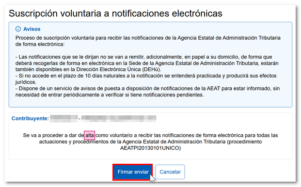 Firmar y enviar el Alta voluntaria