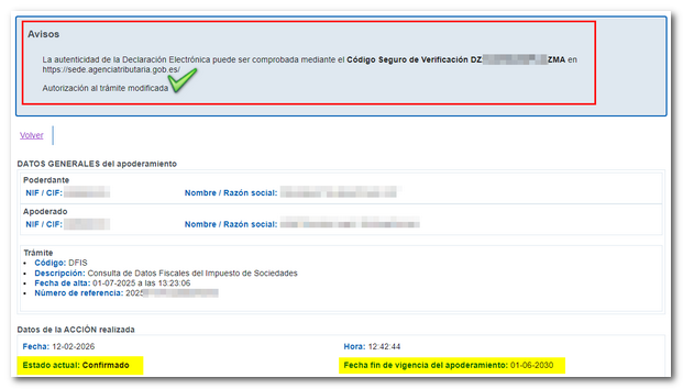 Confirmación del cambio